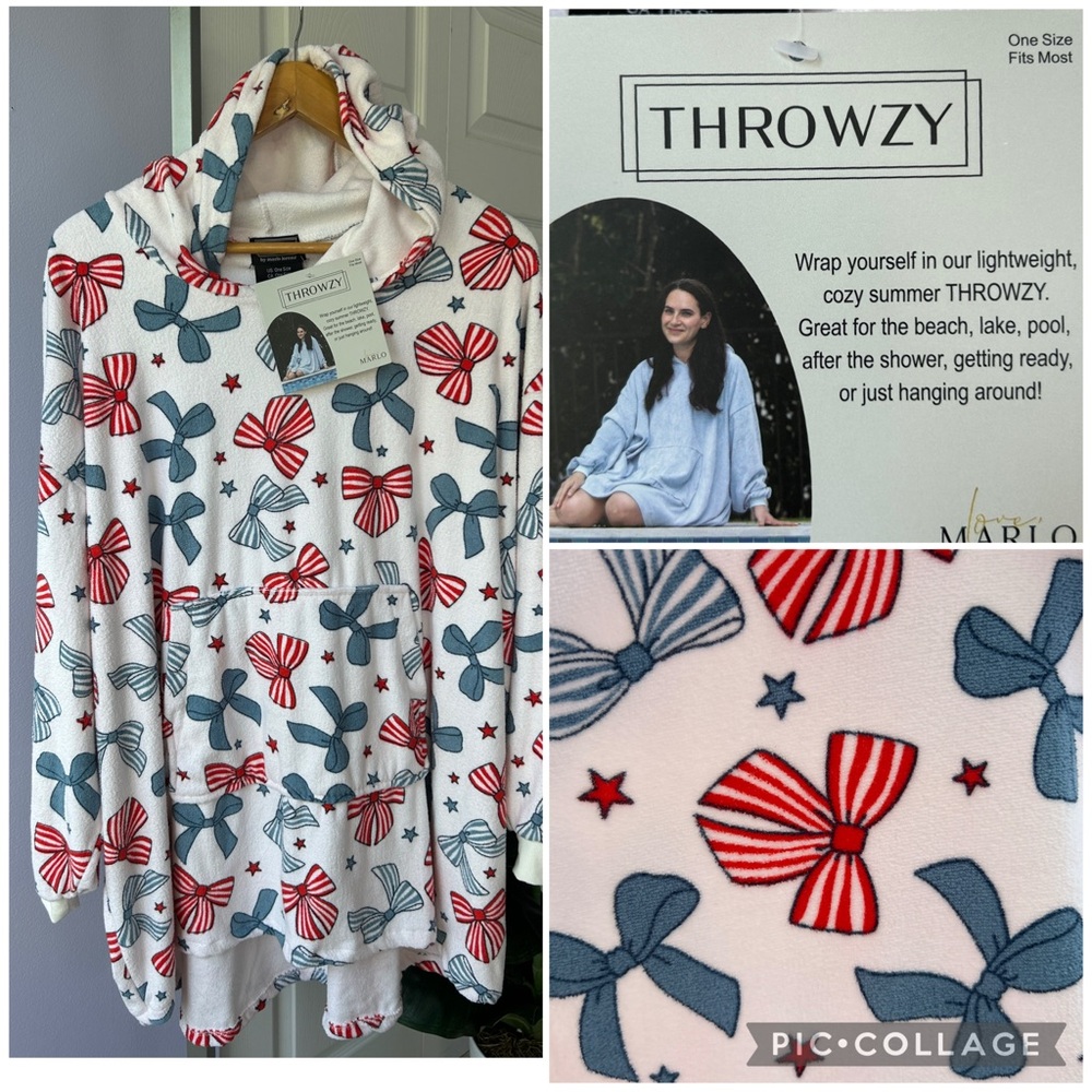 NWT Throwzy By Marlo Lorenz Pink Bow Oversized Terry Cloth Towel  Hooded Poncho